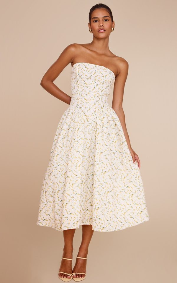 Yellow Ditsy Printed Bandeau Skater Midaxi Dress