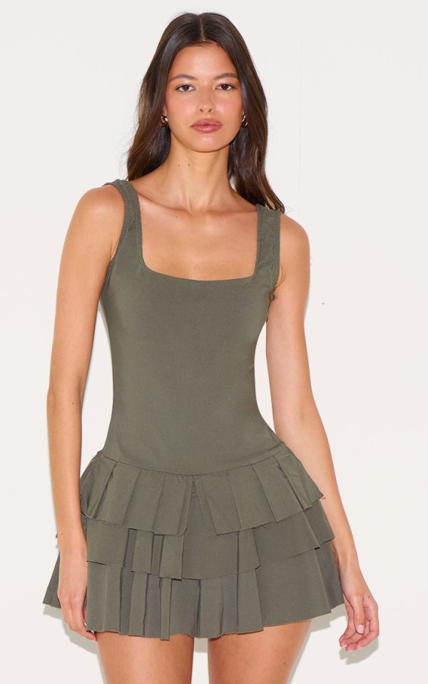 Khaki Stretch Woven Pleated Skort Romper