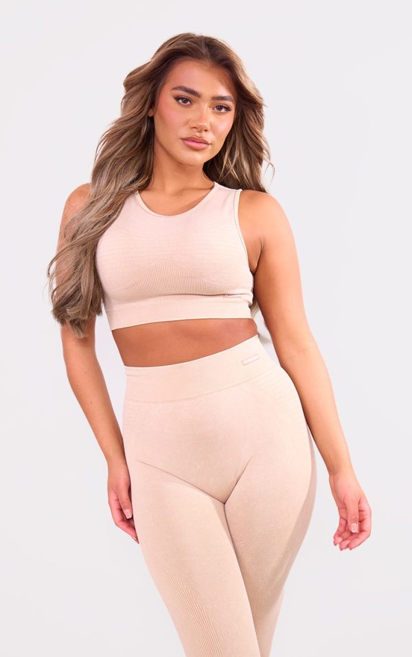 PLT SPORT Mocha Acid Wash Seamless Ribbed Sports Bra