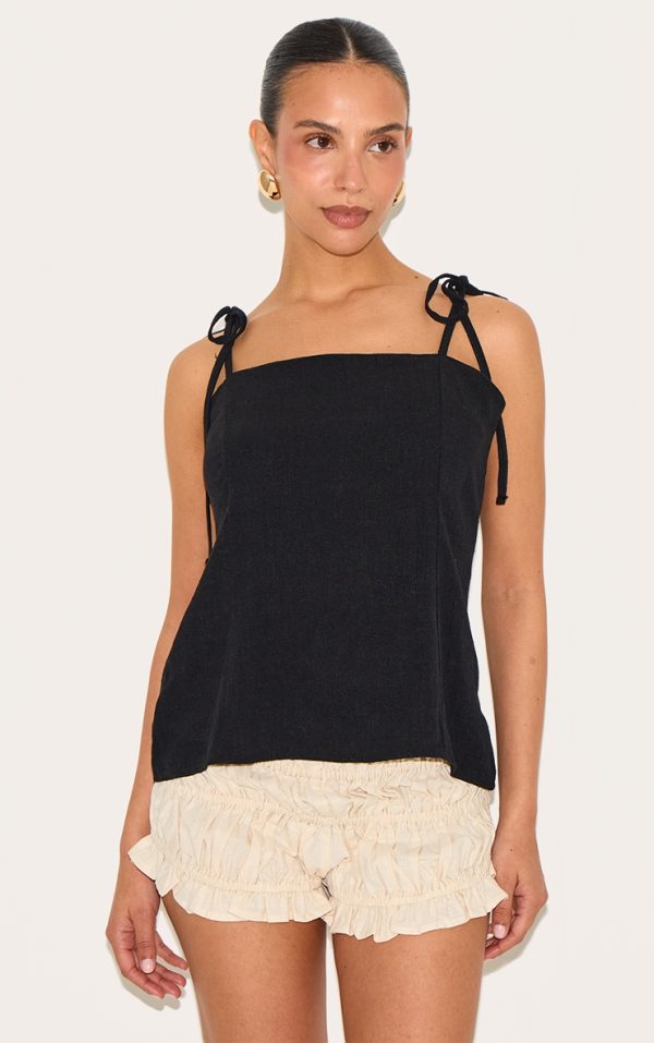 Petite Black Lightweight Linen Look Woven Tie Strap Cami Top