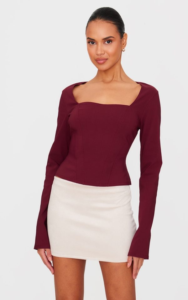 Burgundy Bengaline Square Neck Long Sleeve Top