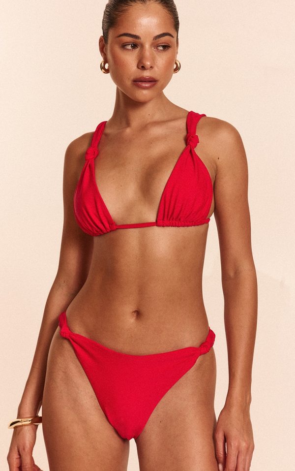Red Ruched Knot Detail Tanga Bikini Bottoms