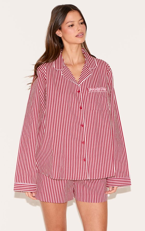PRETTYLITTLETHING Embroidered Red Stripe Woven Short Pj Set
