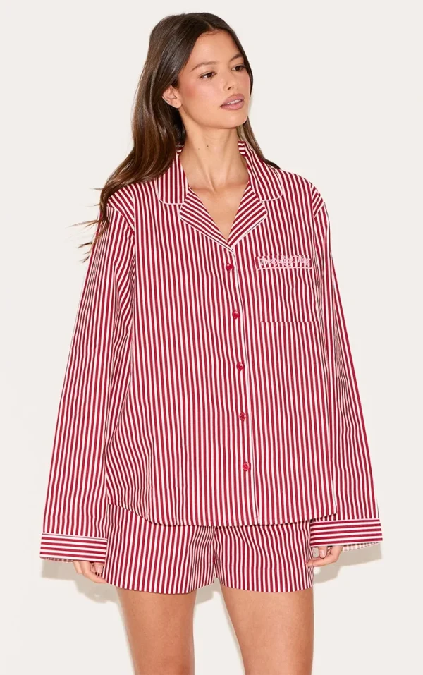 PRETTYLITTLETHING Embroidered Red Stripe Woven Short Pj Set