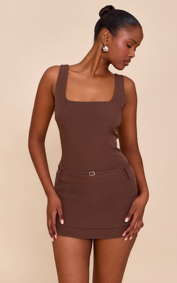 Taupe Woven Belt Detail Skort Romper