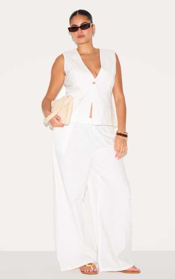 Plus White Elasticated Waist Straight Leg Pants