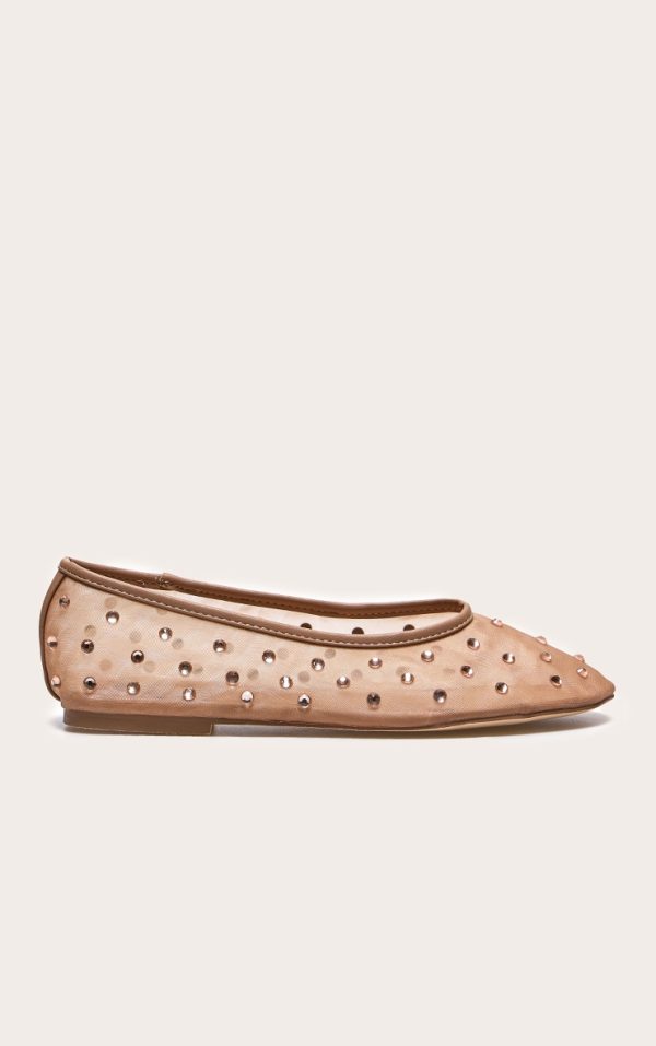 Nude Mesh Round Toe Diamante Stud Ballet Pumps