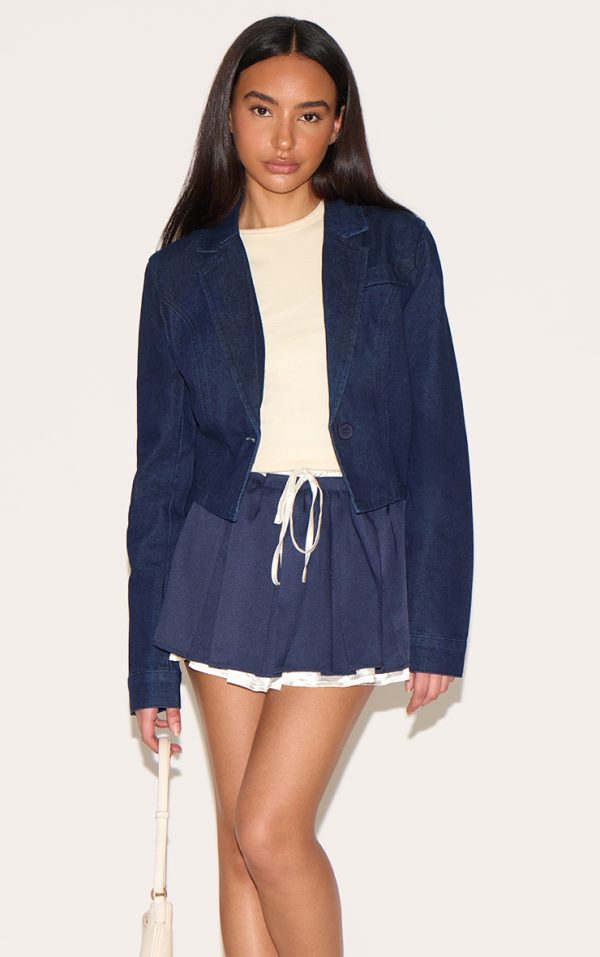 Petite Dark Indigo Cropped Cinched Waist Denim Blazer