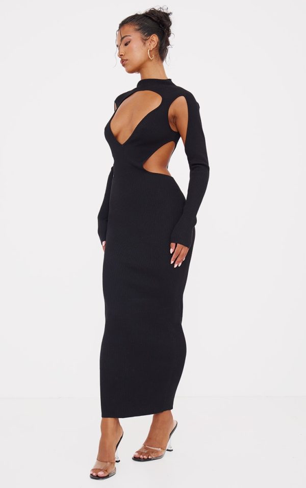 Black Textured Rib Knit Cut Out Maxi Dress