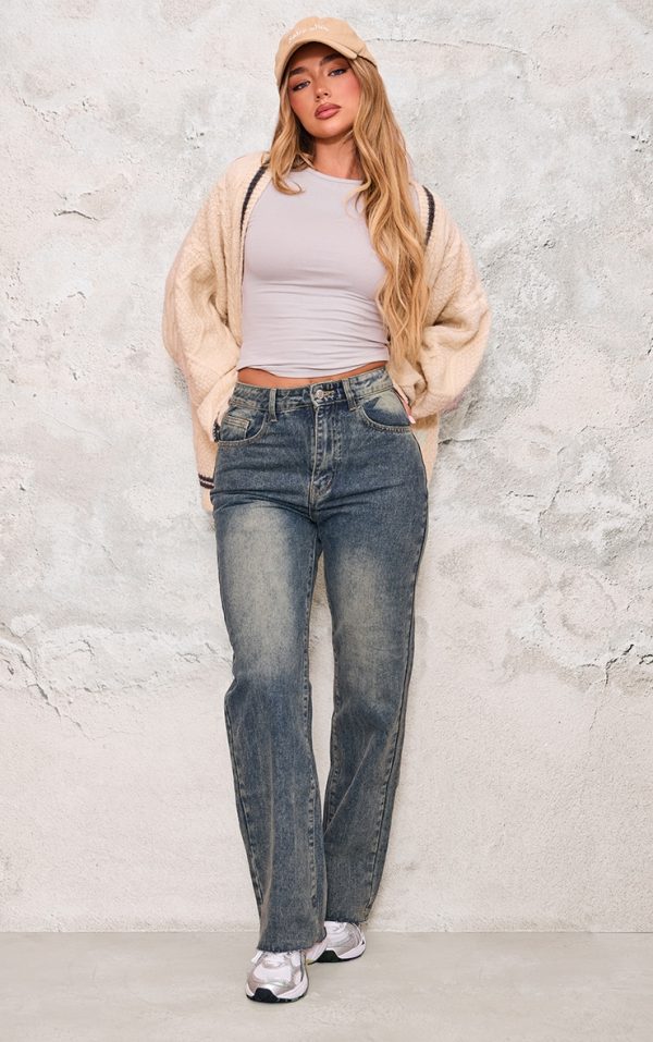 Indigo Vintage Wash Frayed Hem Straight Leg Jeans