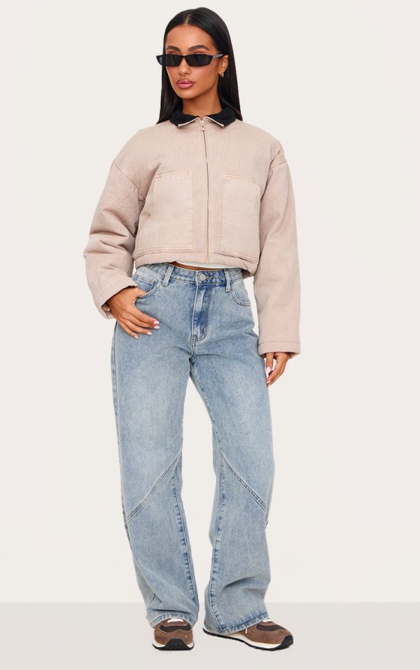 Petite Stone Washed Twill Quilted Jacket With Contrast Collar