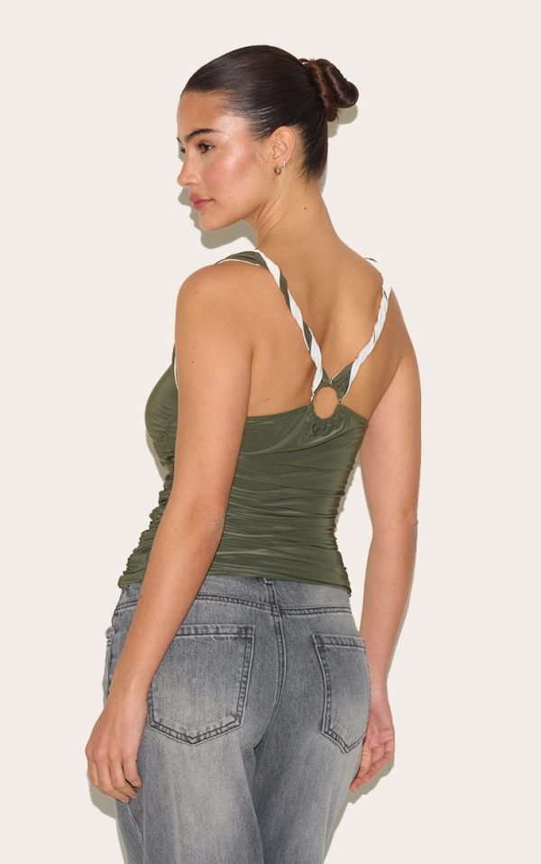 Olive Slinky Twist Shoulder Ruched Longline Top