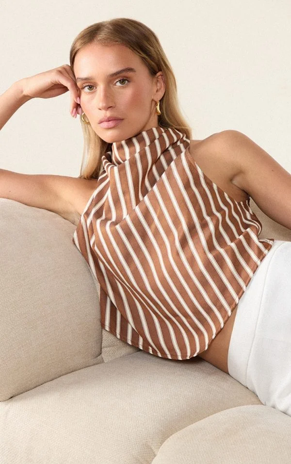 Chestnut Cotton Look Striped Halterneck Top