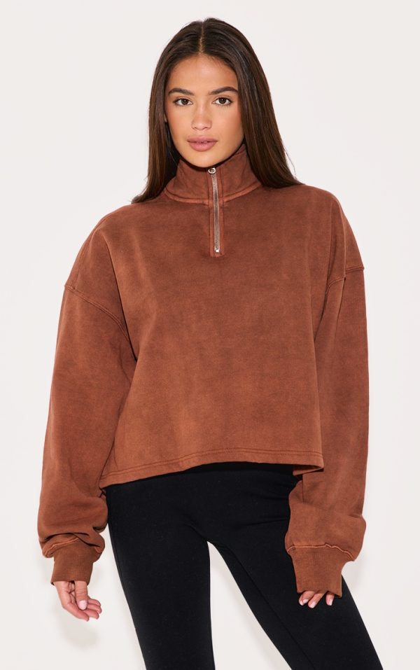 Taupe Washed Boxy Quarter Zip Sweatshirt