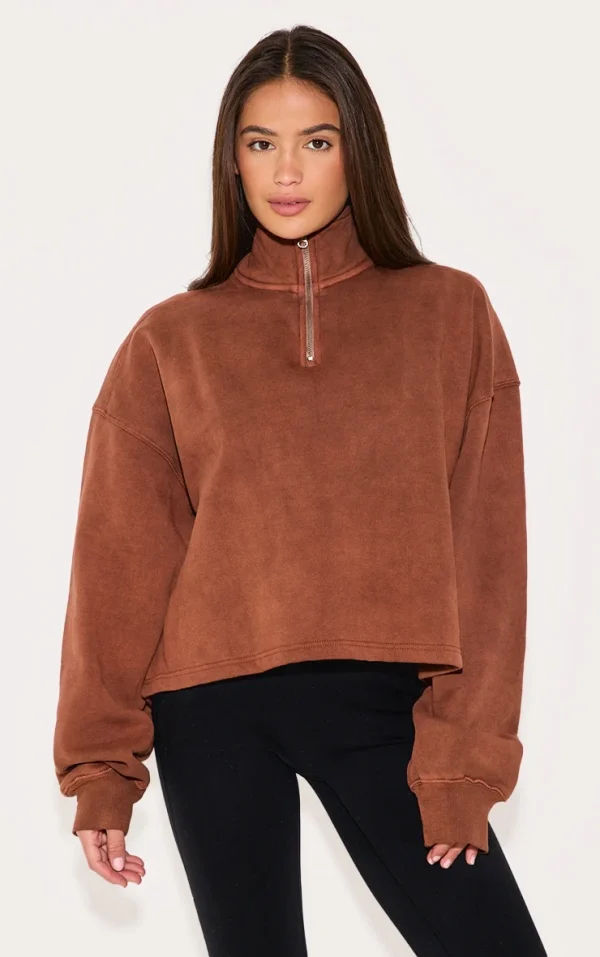 Taupe Washed Boxy Quarter Zip Sweatshirt