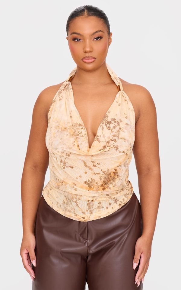 Plus Cream Devore Cowl Neck Top