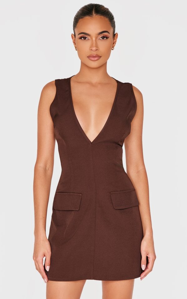 Chocolate Plunge Pocket Detail Mini Dress