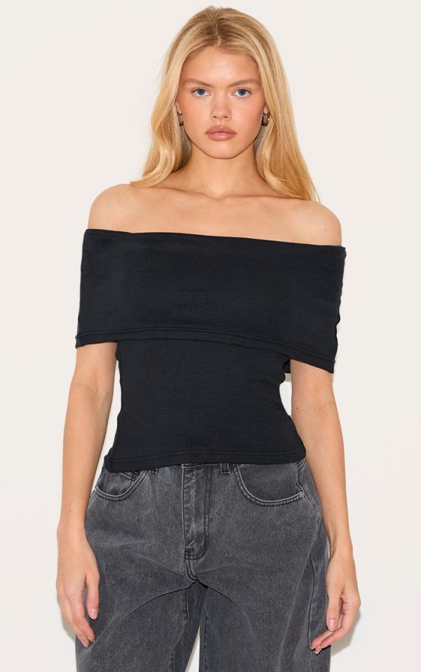 Black Ribbed Foldover Bardot Top