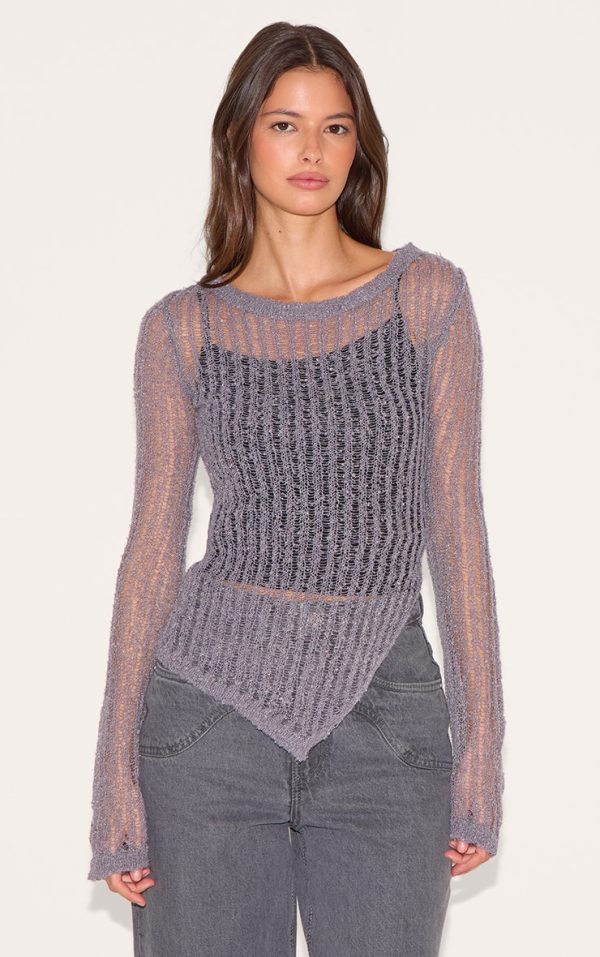 Charcoal Ladder Knit Sheer Asymmetric Hem Top