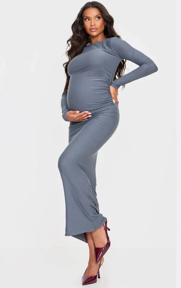 Maternity Charcoal Soft Touch Double Layered Ruched Maxi Dress