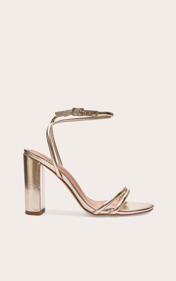 Gold Wide Fit Metallic PU Round Toe Barely There Block High Heeled Sandals