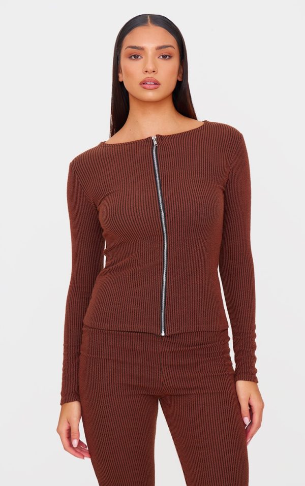 Chocolate Rib Longline Zip Up Top