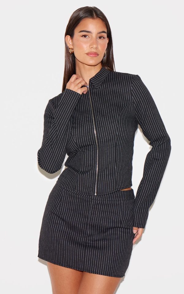 Black Woven Tailored Pinstripe Ruched Zip Up Top