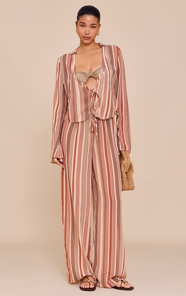Beige Chiffon Striped Wide Leg Pants