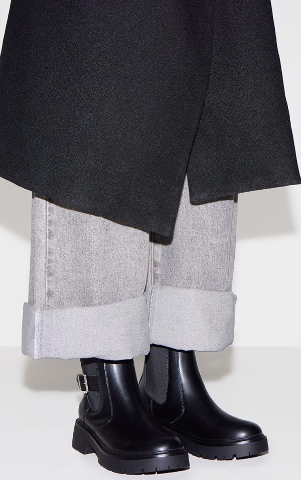 Black PU Round Toe Chunky Sole Ankle Boot