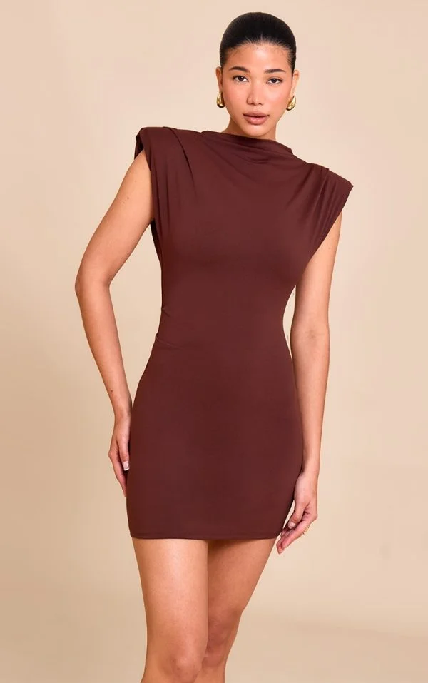 Chocolate Shoulder Pad Boat Neck Bodycon Dress