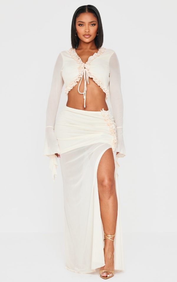 Shape Cream Low Rise Frill Detail Side Split Maxi Skirt