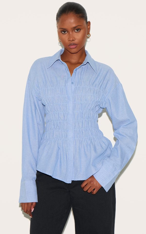 Blue Shirred Striped Fitted Shirt