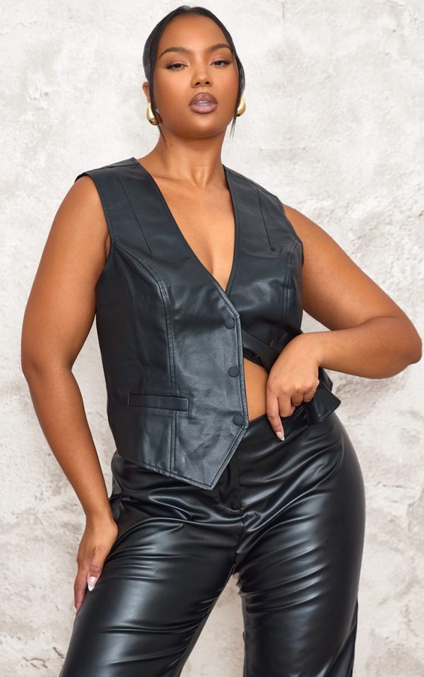 Plus Black Faux Leather Fitted Vest