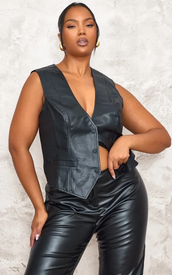 Plus Black Faux Leather Fitted Vest