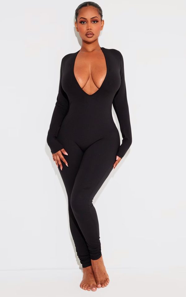 Shape Black Sculpted Long Sleeve Plunge Front Jumpsuit