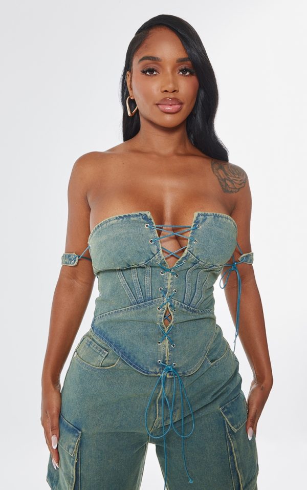 Shape Vintage Wash Denim Lace Up Front Corset