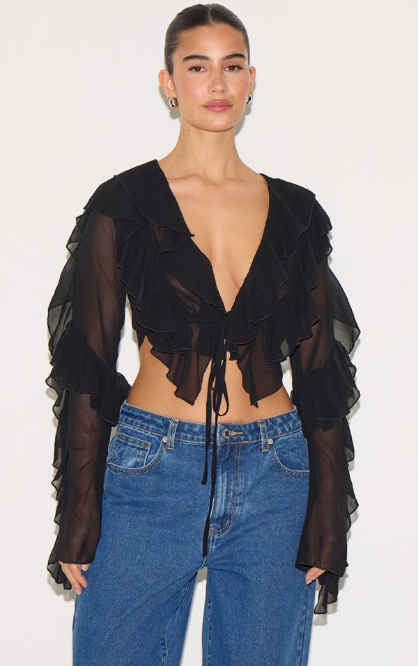 Black Extreme Frill Tie Front Flare Sleeve Blouse