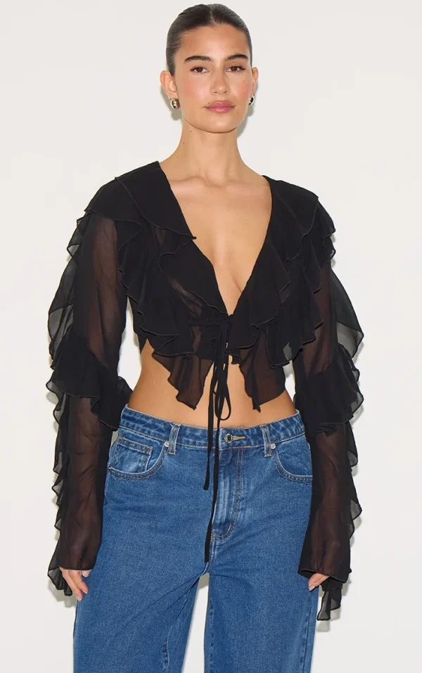 Black Extreme Frill Tie Front Flare Sleeve Blouse