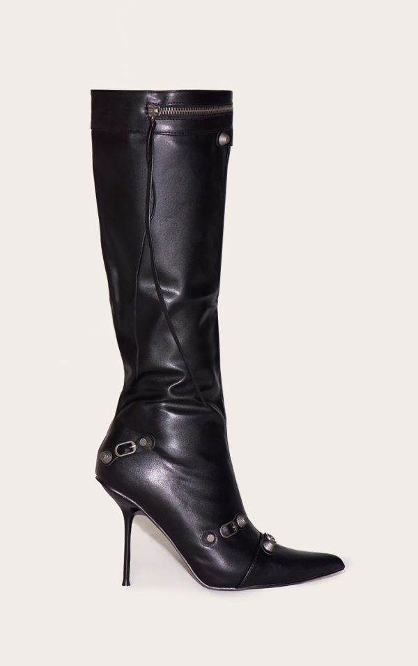 Black PU Zip Detail Point Toe High Heeled Knee Boots