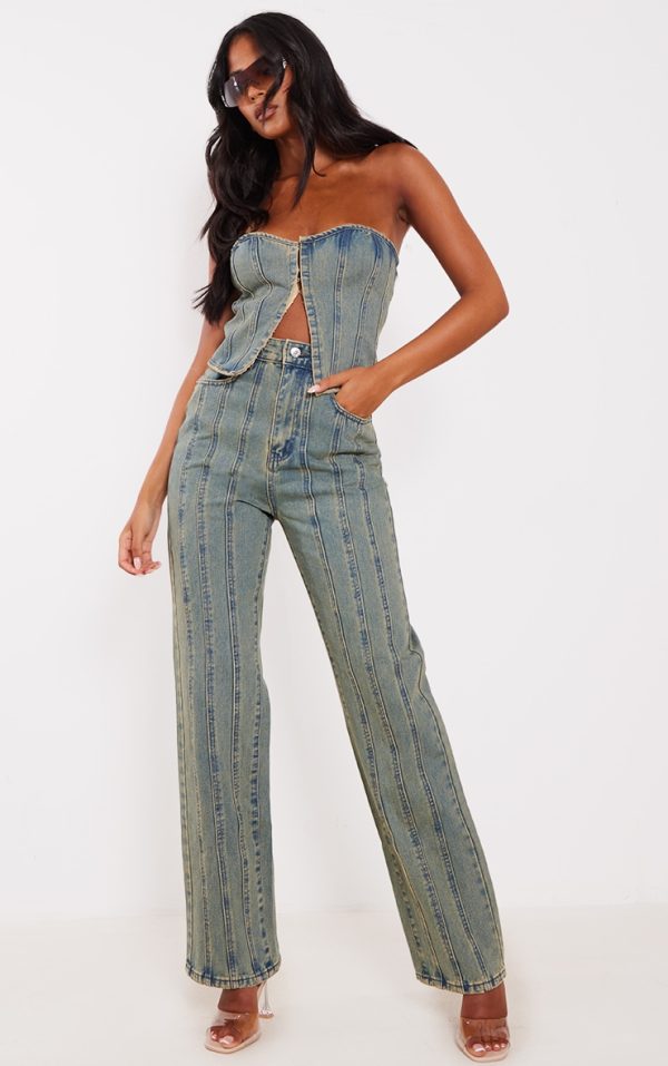 Tall Indigo Vintage Wash High Waist Paneled Seam Detail Jeans