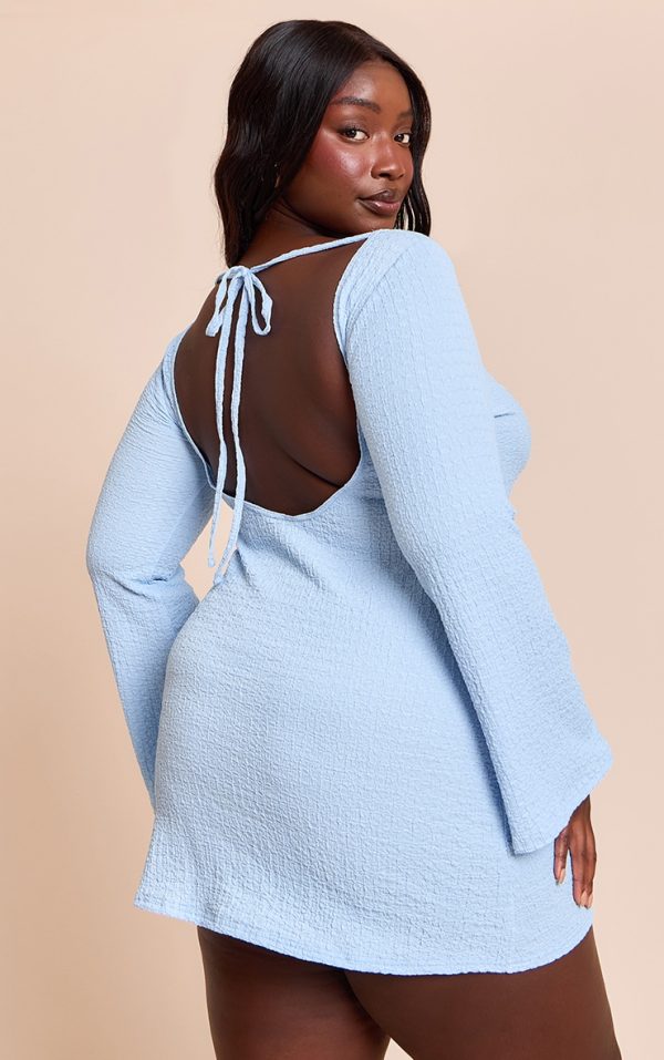 Plus Light Blue Textured Boat Neck Long Sleeve Shift Dress