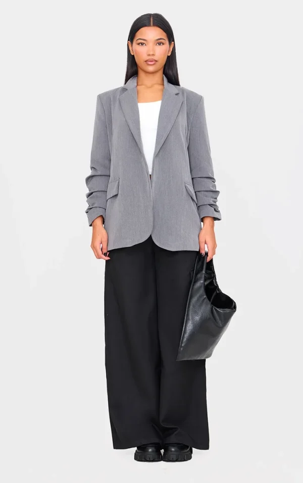Grey Ruched Up Sleeve Boxy Blazer