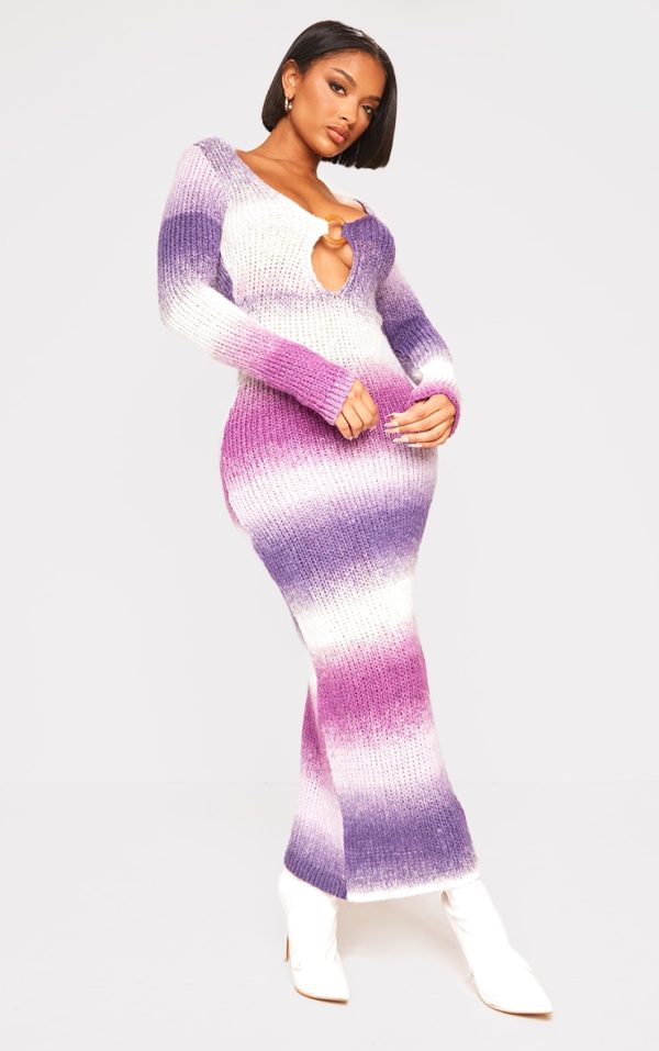 Shape Purple Ombre Knit Plunge Ring Long Sleeve Midaxi Dress