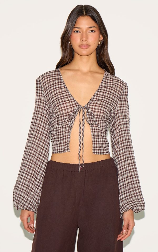 Brown Tie Front Gingham Blouse