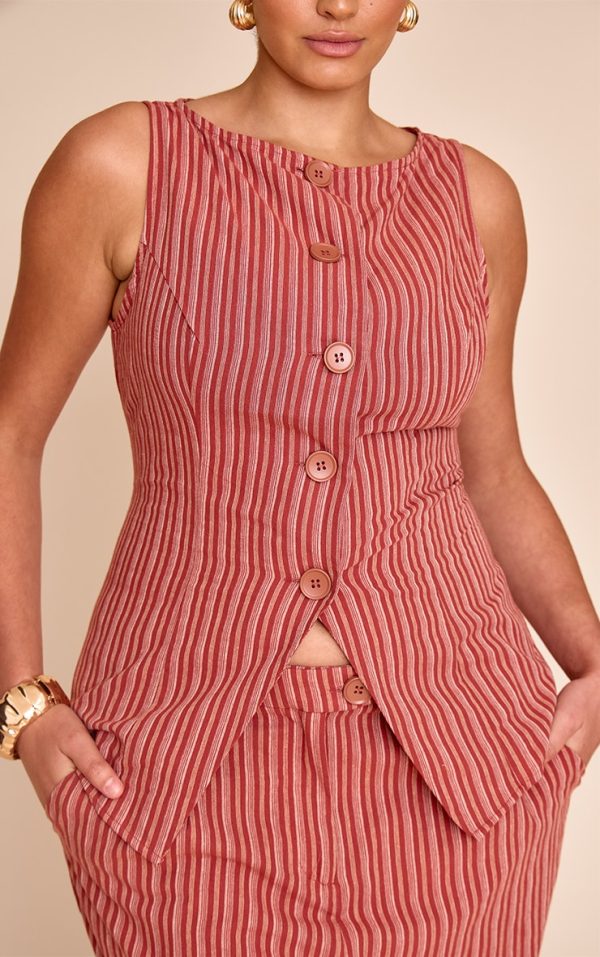 Plus Red Boat Neckline Button Down Linen Look Stripe Vest