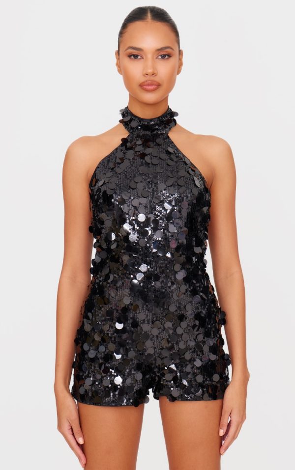 Black Oversized Sequin High Neck Backless Romper