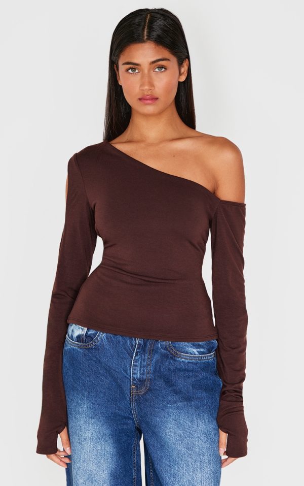 Chocolate Contour Jersey Bardot Long Sleeve Top