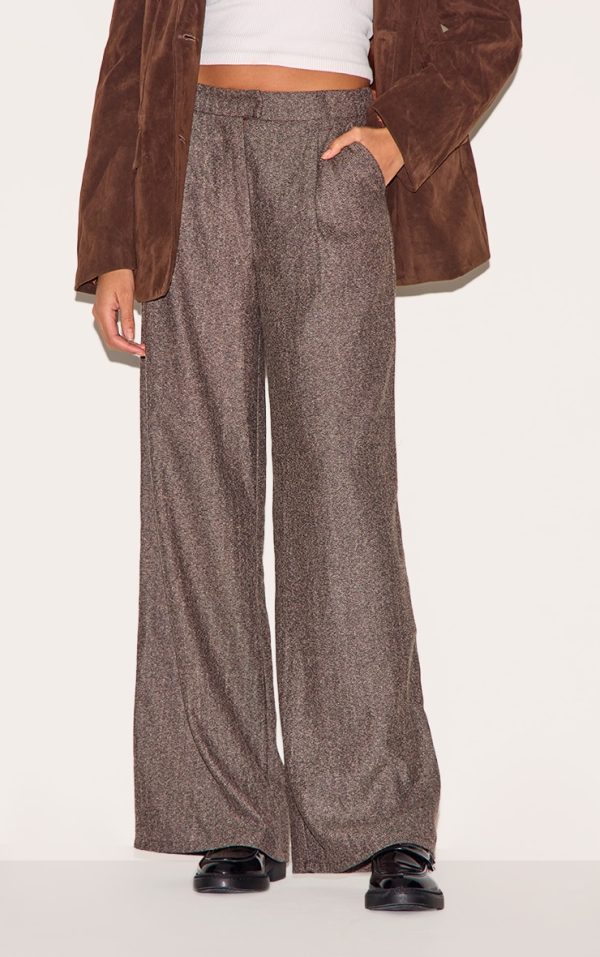Brown Herringbone Mid Rise Tailored Pants