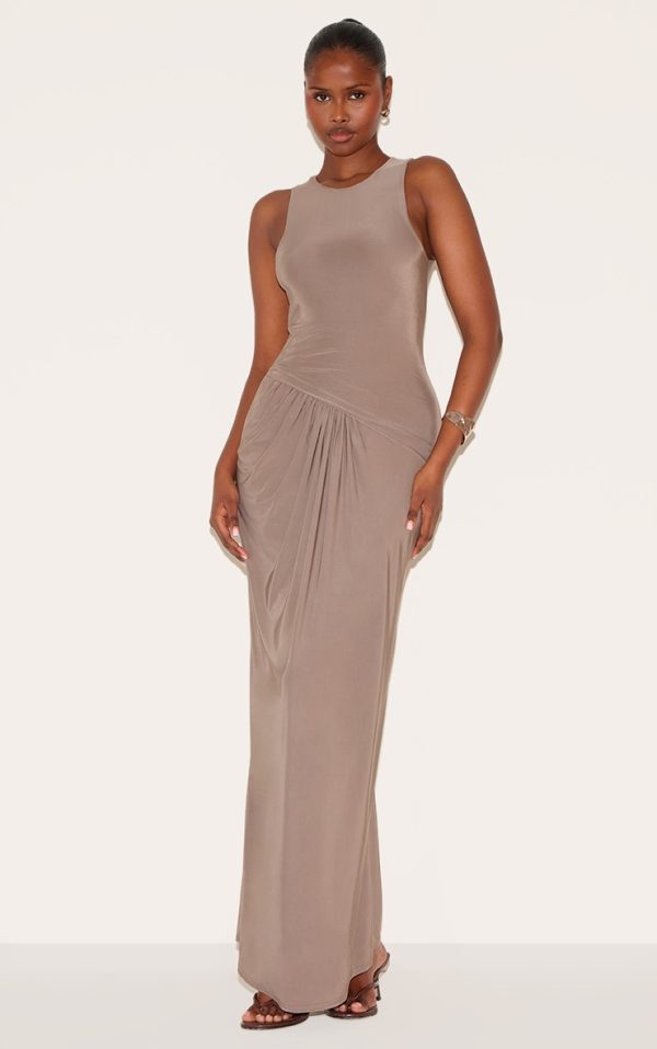 Mocha Double Layer Slinky Drop Waist Ruched Maxi Dress