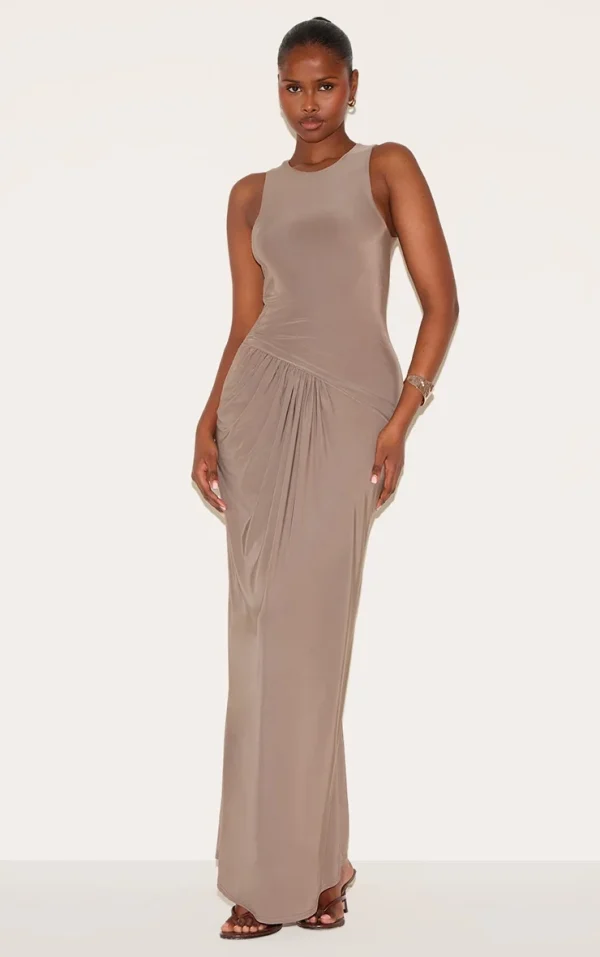 Mocha Double Layer Slinky Drop Waist Ruched Maxi Dress